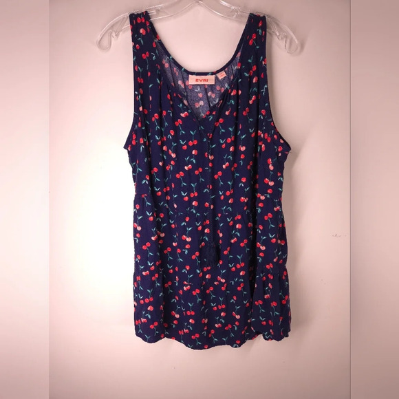 EVRI Tops - Evri‎ Blue Sleeveless Blouse Tiered Cherries Tassel Ties Size 1X